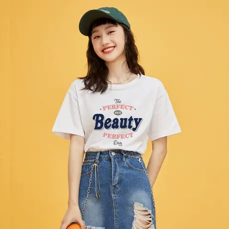 【99元/4件】真维斯Z+女装 短袖t恤夏季潮流宽松纯棉印花打底衫X商品大图