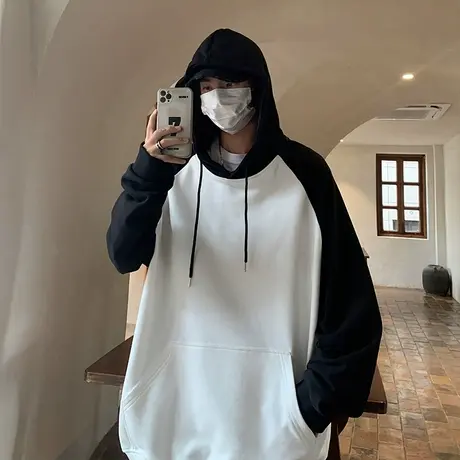 连帽卫衣男秋冬季新款简约百搭宽松落肩帽衫上衣撞色休闲情侣外套商品大图