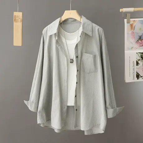 秋季复古条绿色长袖衬衫女款韩系高级感巨显白宽松叠穿衬衣薄外套图片