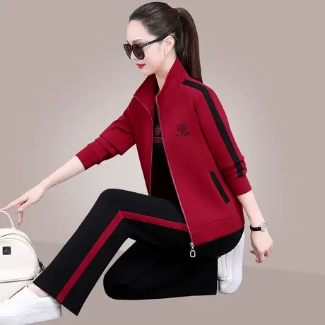 女士休闲运动服套装2024年新款洋气减龄格纹布立领卫衣外套三件套商品大图