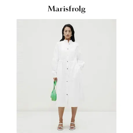 【无压力系列】玛丝菲尔时尚休闲通勤圆领收腰陶瓷扣衬衫连衣裙女图片
