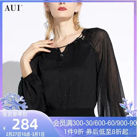AUI黑色设计感修身雪纺衫女2024年春夏新款御姐气质小众长袖上衣图片