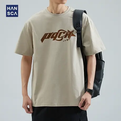 hansca 美式重磅短袖t恤男2023夏季新款潮牌印花休闲圆领纯棉上衣商品大图