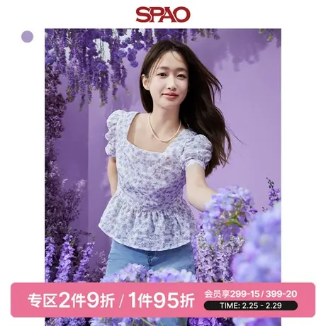 【寻意生活】SPAO女士雪纺衫夏季碎花满印方领短款上衣SPBWD23S20图片