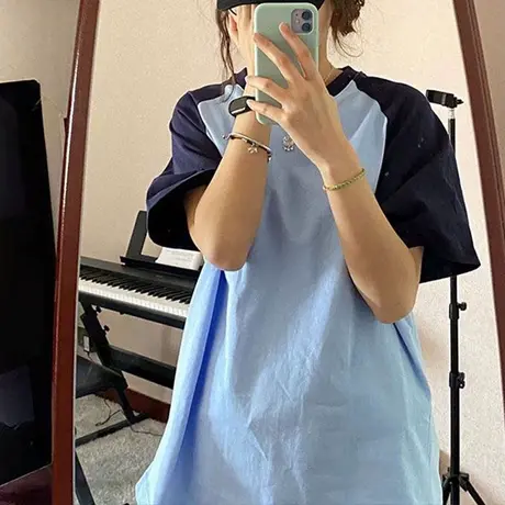 美式复古撞色短袖T恤女夏装宽松百搭韩版chic港味纯棉插肩袖上衣商品大图