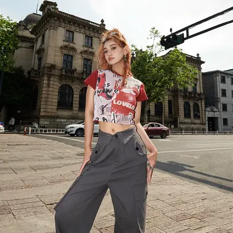 YEP潮牌满印正肩t恤女短袖2024年新款夏季复古紧身辣妹风短款上衣商品大图