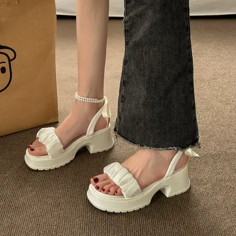 仙女风凉鞋配裙子高跟鞋女2024年新款夏厚底松糕蝴蝶结法式罗马鞋商品大图