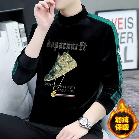 卫衣男士金丝绒烫钻潮牌半高领秋冬季打底衫加厚加绒T恤保暖衣服商品大图