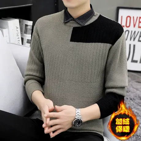 秋冬季加绒加厚毛衣男士假两件撞色保暖打底针织衫ins内搭线衣潮商品大图