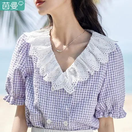 茵曼官方旗舰店棉麻文艺范原创女装衬衣2024夏季新款泡泡袖衬衫图片