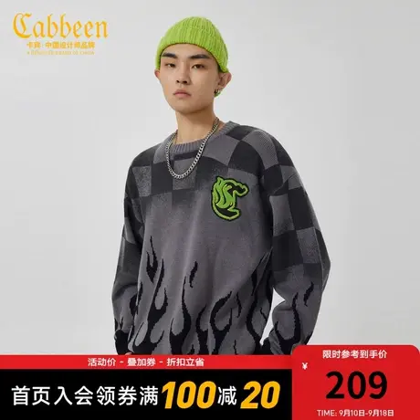 卡宾男装棋盘格毛衣秋款字母刺绣羊毛衫宽松上衣潮流街头W图片