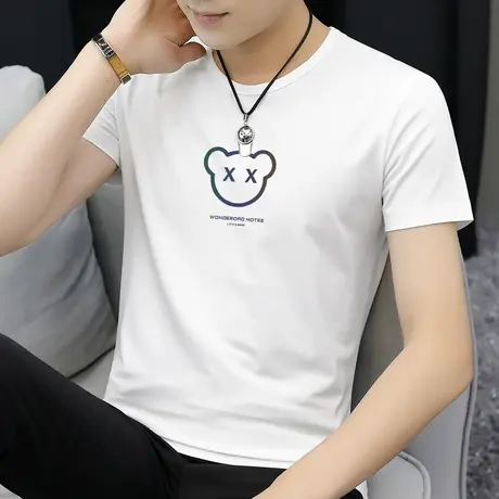 莫代尔白色t恤男短袖夏季潮牌潮流小熊印花圆领上衣服冰丝半袖男商品大图