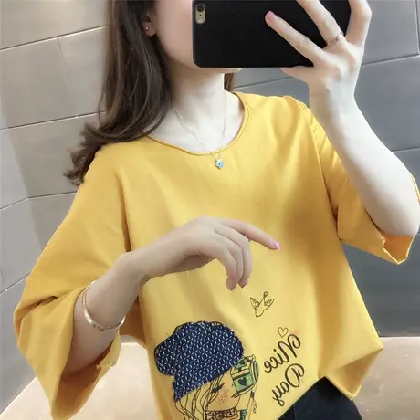 短袖T恤女2023夏季新款宽松卡通t恤显瘦印花上衣减龄打底体恤衫女商品大图