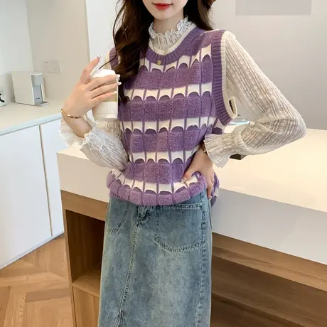 小香风圆领女士毛衣针织马甲女新款2023秋季马夹叠穿外搭打底上衣商品大图