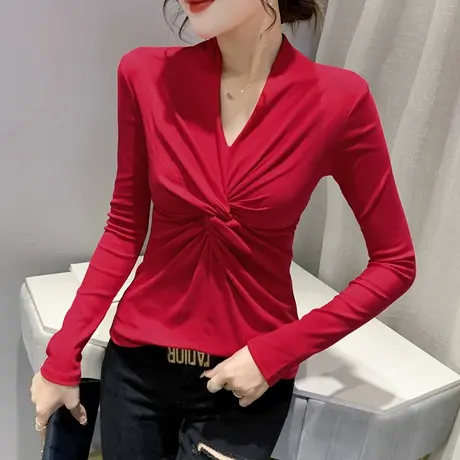 2023春秋新款性感V领T恤女长袖纯色内搭打底衫设计感扭结辣妹上衣商品大图