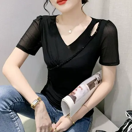 性感镂空短袖T恤女2023夏季新款气质钉珠小衫别致V领修身网纱上衣商品大图