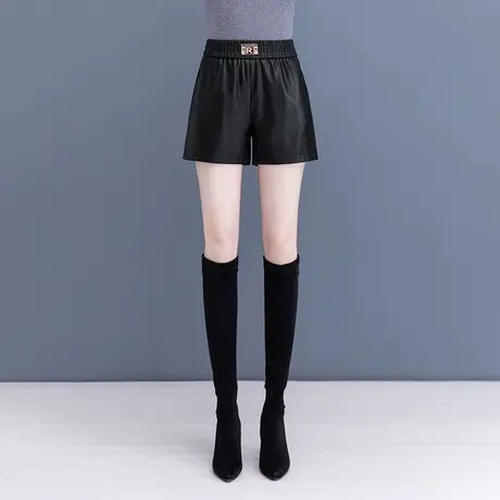 松紧腰皮短裤女2023秋季新款高腰宽松百搭a字阔腿pu皮裤外穿靴裤图片