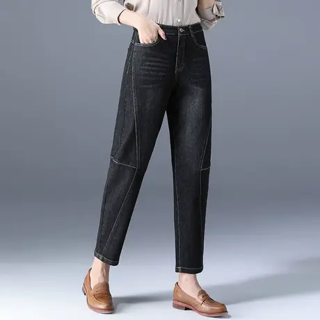 黑色加绒牛仔裤女秋冬2023新款大码女士哈伦裤胖mm老爹裤女萝卜裤商品大图