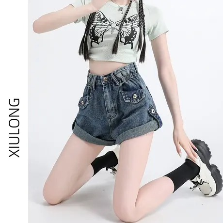 高腰牛仔短裤女春秋季2023新款设计感小众宽松小个子a字阔腿热裤图片