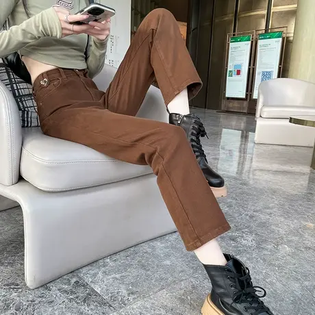 咖色直筒牛仔裤女春秋2023年新款高腰宽松显瘦ins百搭九分烟管裤商品大图