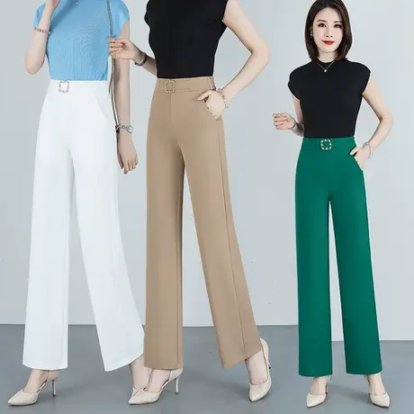 卡其色裤子2023新款高级感春秋宽松窄版阔腿裤垂感高腰直筒西装裤图片