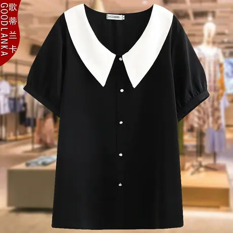 加肥加大码中年妈妈夏装雪纺衫t恤女宽松洋气减龄撞色娃娃领上衣商品大图