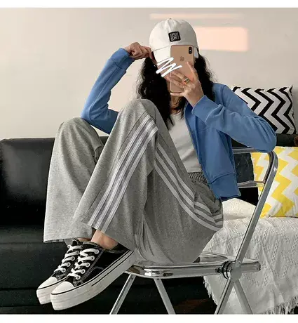 灰色阔腿裤女高腰垂感春夏2023新款宽松百搭显瘦休闲直筒运动裤子商品大图