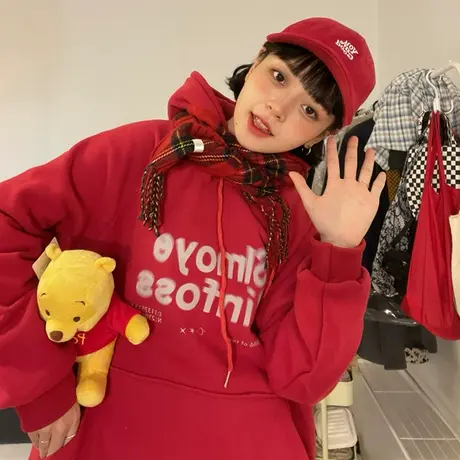 红续字母复古酒红色连帽卫衣女oversize小个子外套2023年早春新款图片