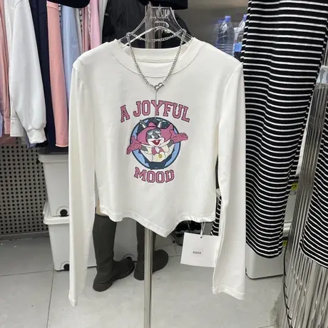 2023春秋季新款不规则短款字母卡通印花T恤女长袖打底衫小衫上衣商品大图