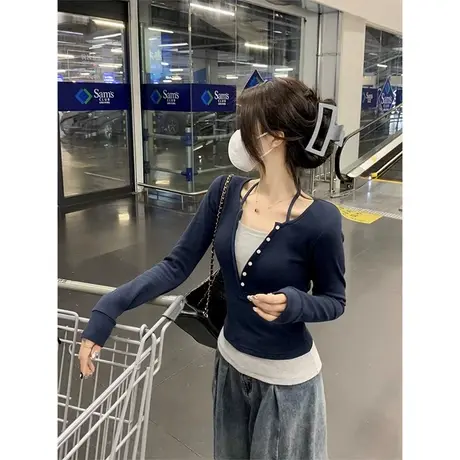 设计感假两件长袖t恤女春秋薄款2023新款正肩短款修身纯欲风上衣图片