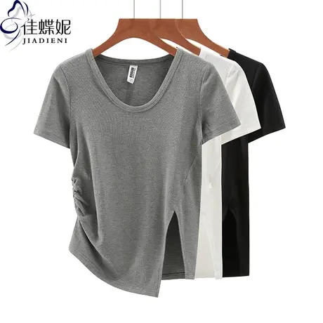 夏季新款韩版圆领纯棉修身显瘦纯色侧开叉褶皱短袖体恤上衣内搭女商品大图