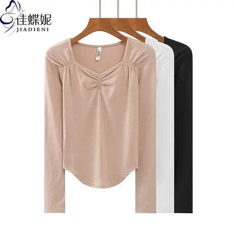 春季新款方领褶皱纯色下摆圆弧纯欲纯棉修身长袖体恤上衣内搭女装图片