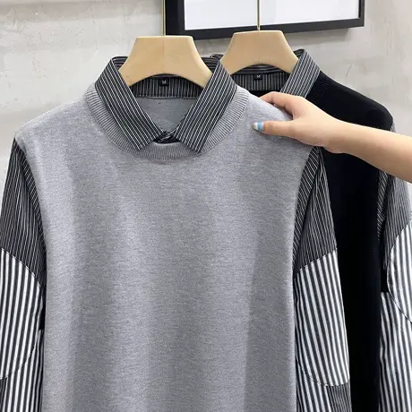 针织衫男假两件毛衣条纹男装休闲秋冬保暖毛衫高级感帅气马甲上衣商品大图