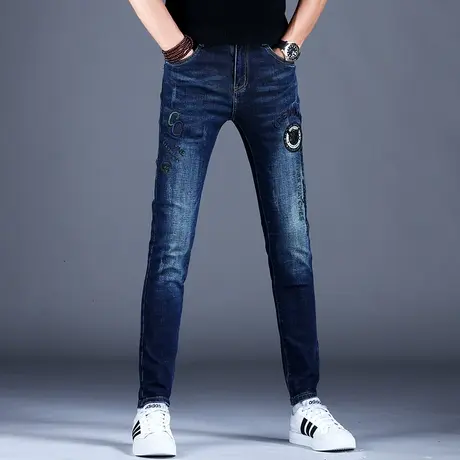 男士高端刺绣牛仔裤男修身小脚2023新款春秋裤子韩版潮牌男款休闲商品大图