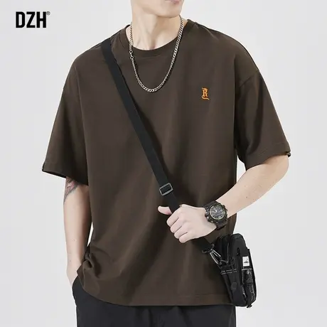 男士美式纯棉圆领t恤男短袖潮牌百搭夏季男款宽松大码体恤咖啡色商品大图