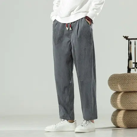 秋季直筒修身长裤男士中国风百搭潮流哈伦裤灯芯绒日系宽松休闲裤商品大图