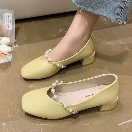 2023年夏季新款网红浅口晚晚风温柔珍珠单鞋女百搭中跟气质豆豆鞋商品大图