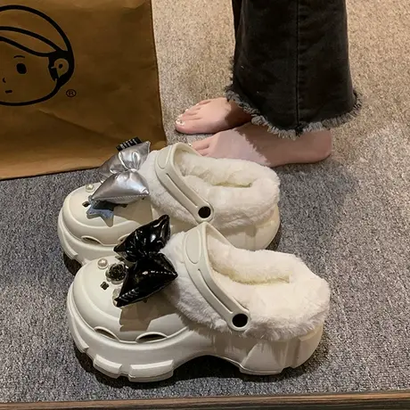 蝴蝶结包头加绒洞洞鞋女2023年秋冬新款外穿可爱厚底踩屎感棉拖鞋商品大图