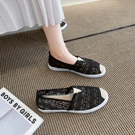 镂空网布单鞋女2023夏季新款韩版百搭平底透气懒人一脚蹬豆豆鞋子商品大图