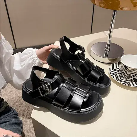 时装厚底凉鞋女露趾新款夏天学生平底百搭一字带仙女风罗马凉鞋商品大图