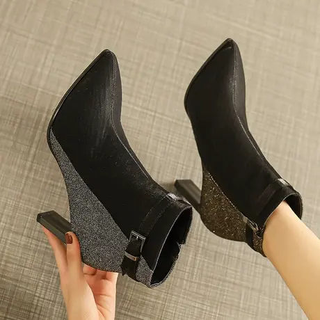 靴子女短靴2023春夏季新款网红水钻瘦瘦时装靴粗跟尖头鞋百搭单靴图片