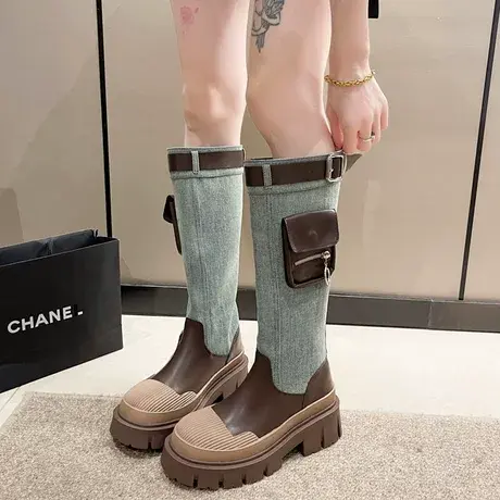 西部牛仔靴夏天穿的靴子女2023新款不过膝贝壳头厚底马丁长筒靴潮图片