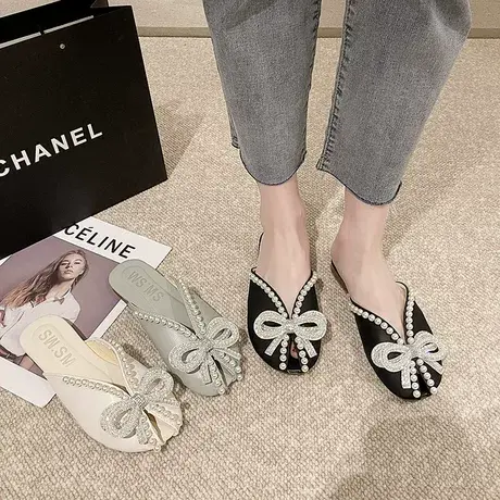 包头半拖鞋女夏季外穿2023年新款韩版蝴蝶结珍珠平底软底鱼嘴凉拖商品大图