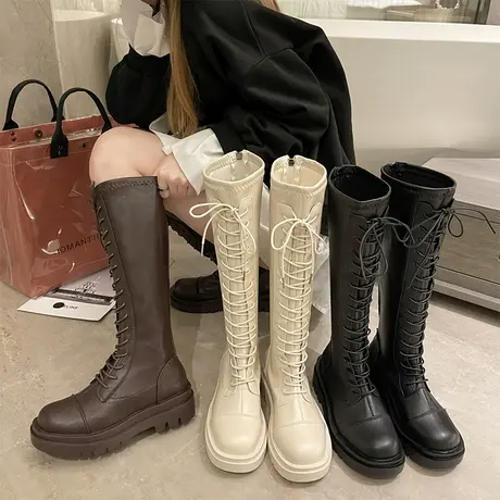 长筒靴女骑士靴秋冬系带厚底女鞋高筒瘦瘦靴白色小个子不过膝长靴图片