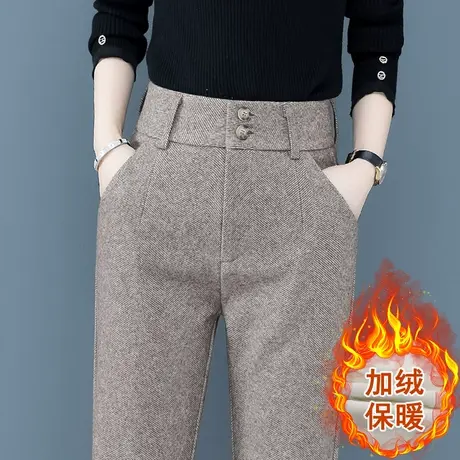 毛呢西装裤女秋冬加绒直筒高腰烟管裤新款呢子加厚休闲哈伦萝卜裤商品大图