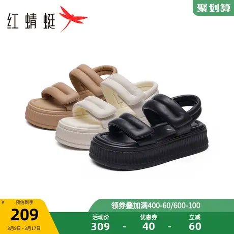 红蜻蜓厚底一字带凉鞋2023夏季新款女鞋增高魔术贴面包鞋沙滩凉鞋商品大图