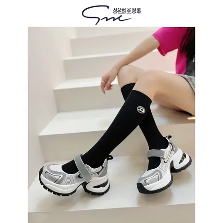 圣恩熙坡跟玛丽珍休闲鞋女2024新款真皮魔术贴浅口单鞋银色运动鞋图片