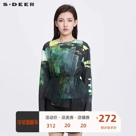 sdeer圣迪奥女装圆领字母印花收腰网纱长袖T恤S22180220🌲图片