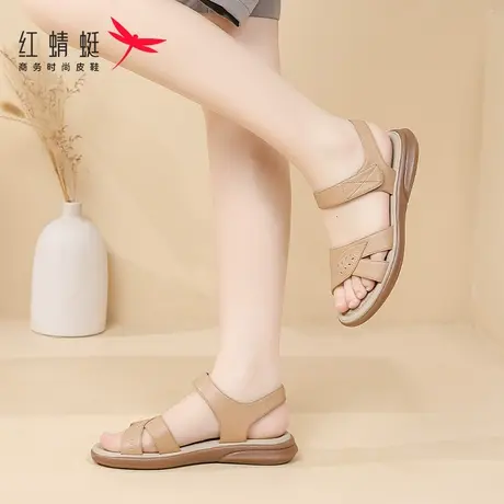 红蜻蜓夏季一字带平底妈妈鞋凉鞋女真皮外穿品牌全牛皮中老年夏天图片
