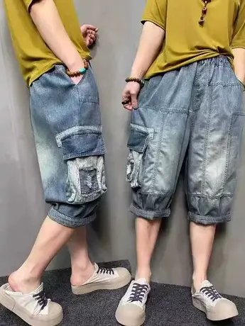 蓝色牛仔短裤女2023夏季新款休闲六分裤宽松大码口袋高腰阔腿裤潮商品大图